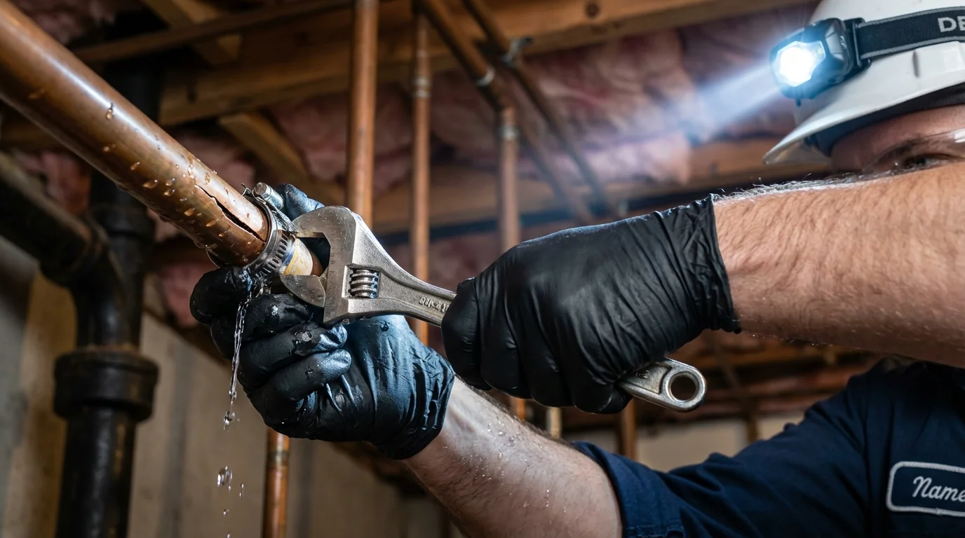 Emergency pipe clamp repair being performed by a Johns Plumbing LLC plumber in Anoka
