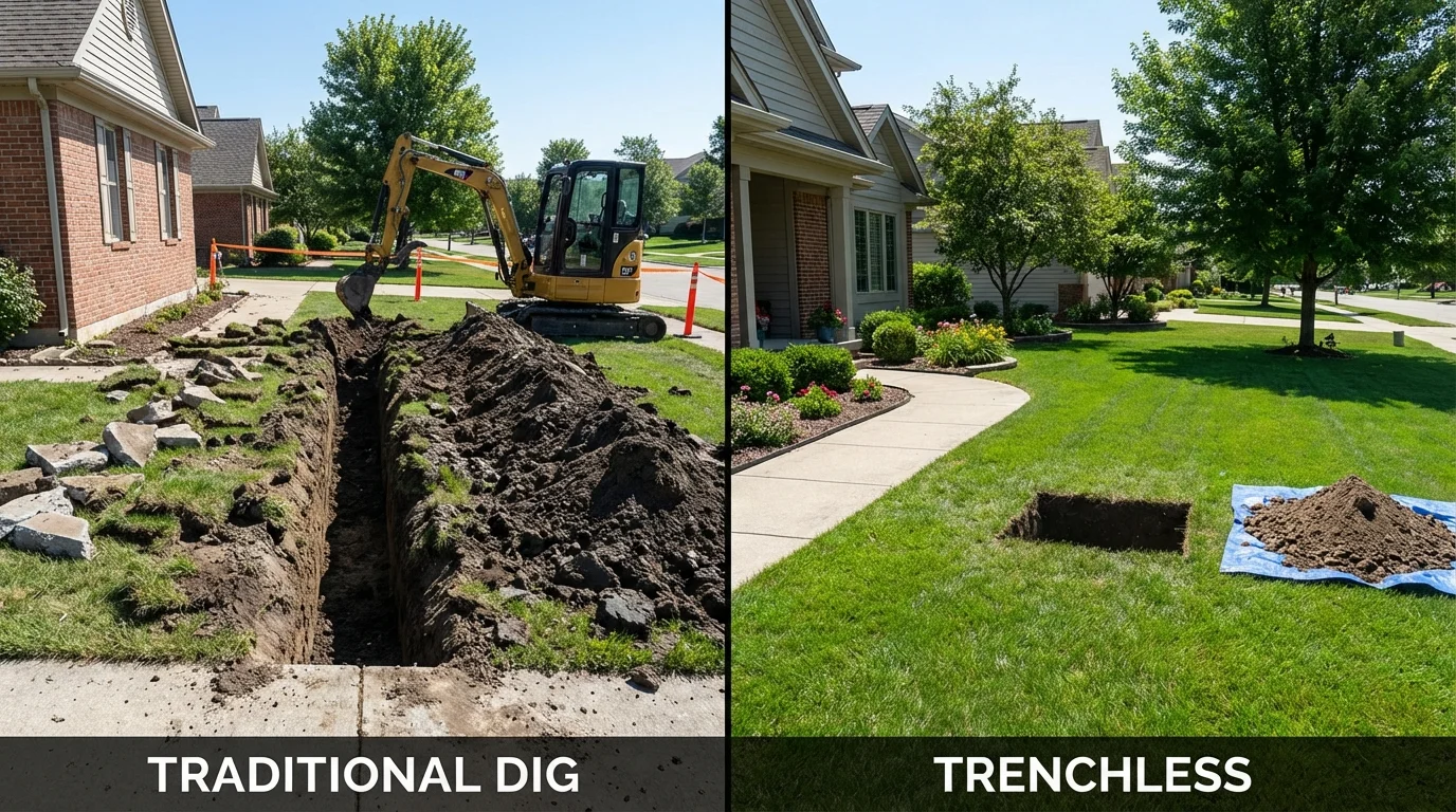 Trenchless sewer repair with minimal yard damage versus traditional excavation in Anoka, MN