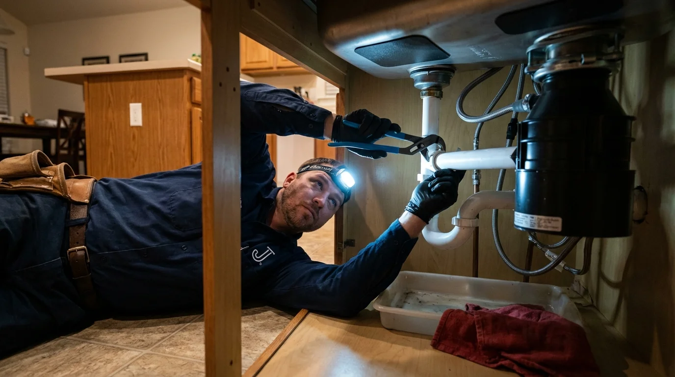 P-trap and supply line connections under a kitchen sink showing a common leak point in Anoka, MN